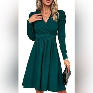 Women Fall Midi Dress Long Sleeve Ruched A line V Neck (051)